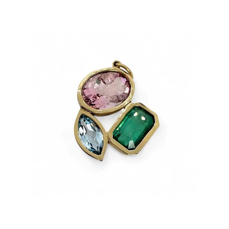 Leslie Paige Three Stone Mixed Gemstone Charm Large with Pink Tourmaline, Sky Blue Topaz, and Emerald