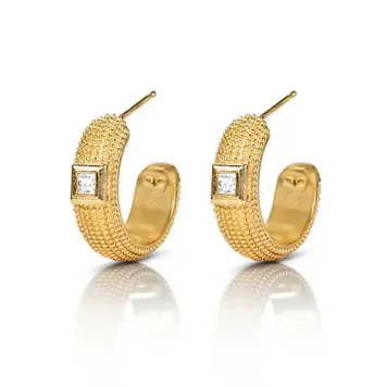 925SUNEERA Nala Hoops Textured 14K Yellow Gold w Bezeled Princess Diamond 15mm