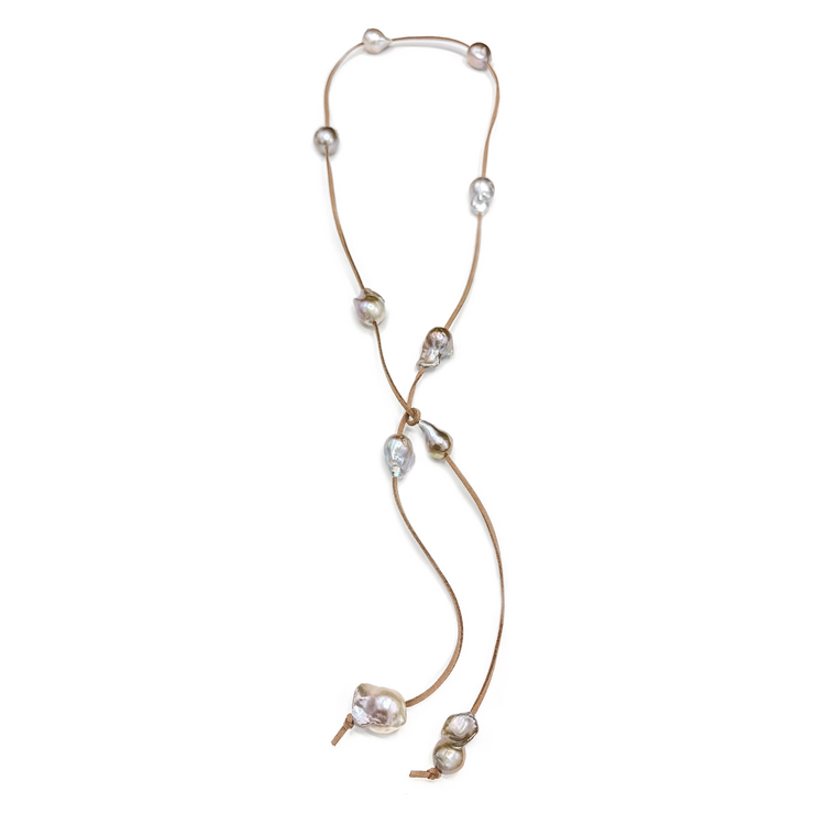 Tan Suede Lariat With Champagne Wild Pearls