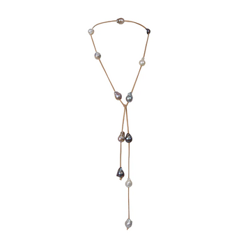 Tan Suede Lariat With Dark Mix Wild Pearls