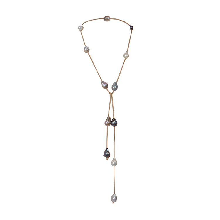 Tan Suede Lariat With Dark Mix Wild Pearls