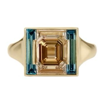 Artemer Piet Fancy Emerald Cut Diamond Ring with Teal & White Diamond Halo