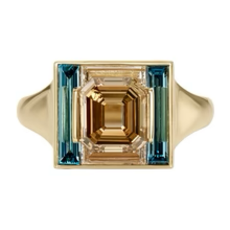 Artemer Piet Fancy Emerald Cut Diamond Ring with Teal & White Diamond Halo