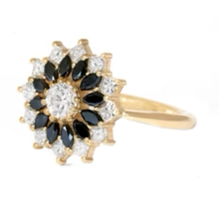 Artemer Black and White Diamond Engagement Ring - Flower Diamond Cluster Ring