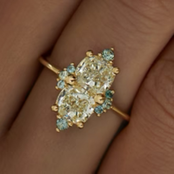 Artemer Gilded Mirror Cushion Cut Diamond & Teal Sapphire Engagement Ring
