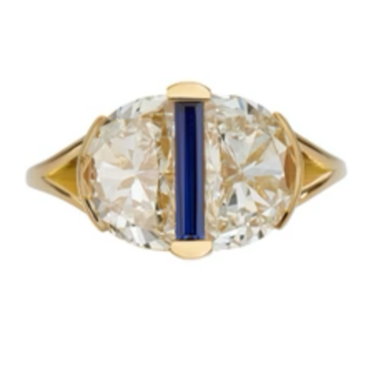 Artemer Engagement Ring with Lab Grown Half Moon Diamonds and Sapphire