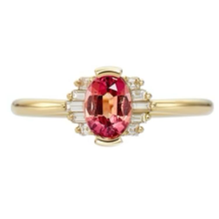 Artemer Oval Cut Padparadscha Engagement Ring with Baguette Diamond Wings - OOAK