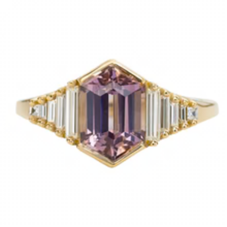 Artemer Lilac Engagement Ring with an Elongated Hexagon Spinel and Baguette Diamonds