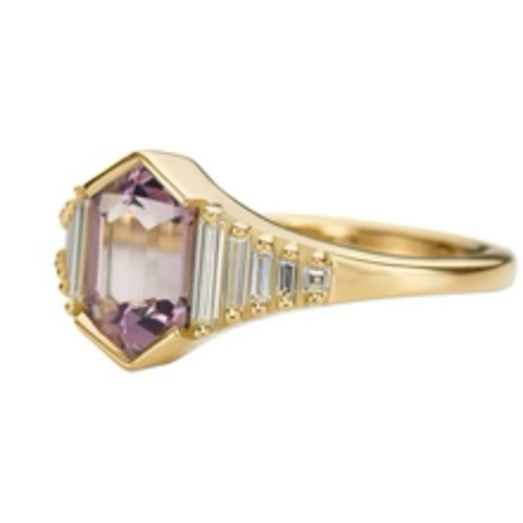 Artemer Lilac Engagement Ring with an Elongated Hexagon Spinel and Baguette Diamonds