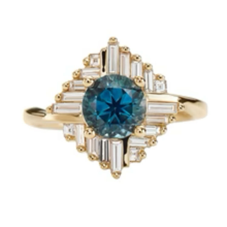 Artemer Teal Sapphire "Oasis" Engagement ring with Geometric Baguette Diamonds