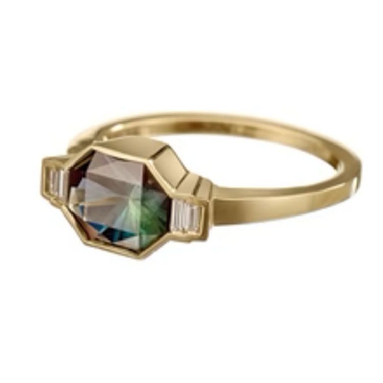 Artemer Supernova Teal Sapphire & Baguette Diamond Engagement Ring
