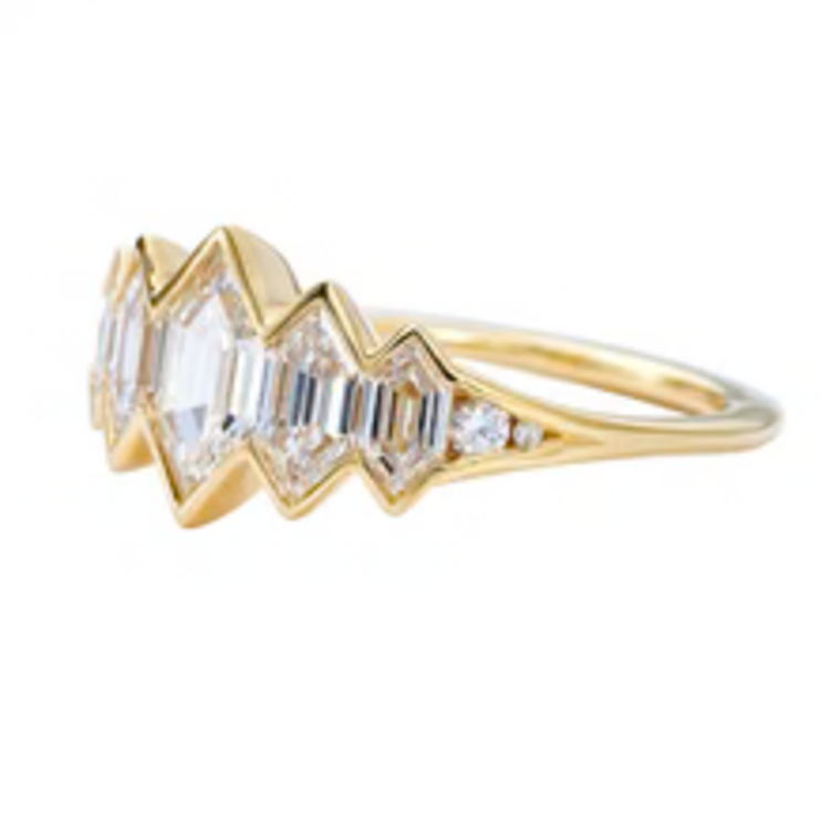 Artemer Mountain Lake Engagement Ring with Hexagon Cut Diamonds and a Golden Bezel