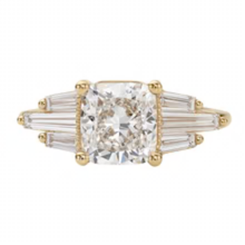 Artemer Lab Grown Cushion Diamond with Tapered Baguette Wings Engagement Ring