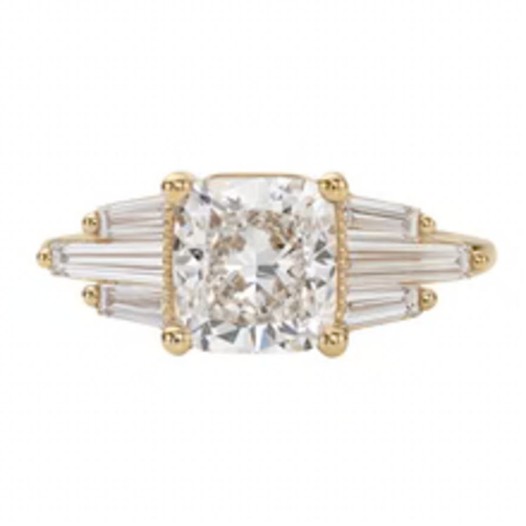 Artemer Lab Grown Cushion Diamond with Tapered Baguette Wings Engagement Ring