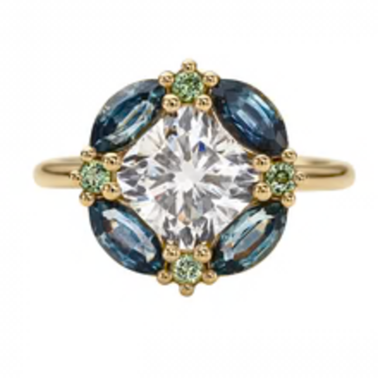 Artemer Mosaic Lab Grown Cushion Cut Diamond Sapphire & Garnet Engagement Ring