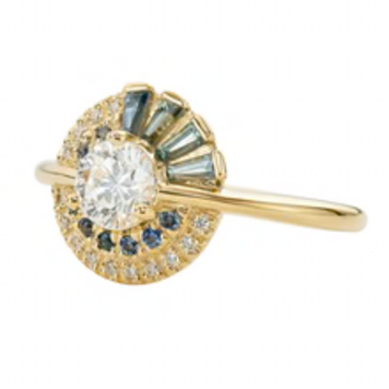 Artemer Teal Sapphire Pagoda Engagement Ring with Brilliant Diamonds