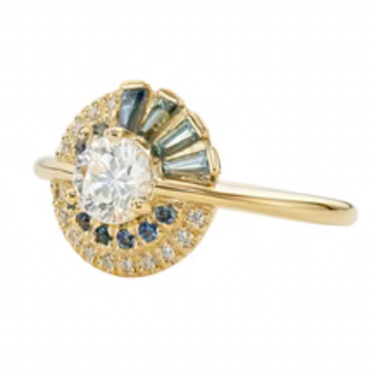 Artemer Teal Sapphire Pagoda Engagement Ring with Brilliant Diamonds