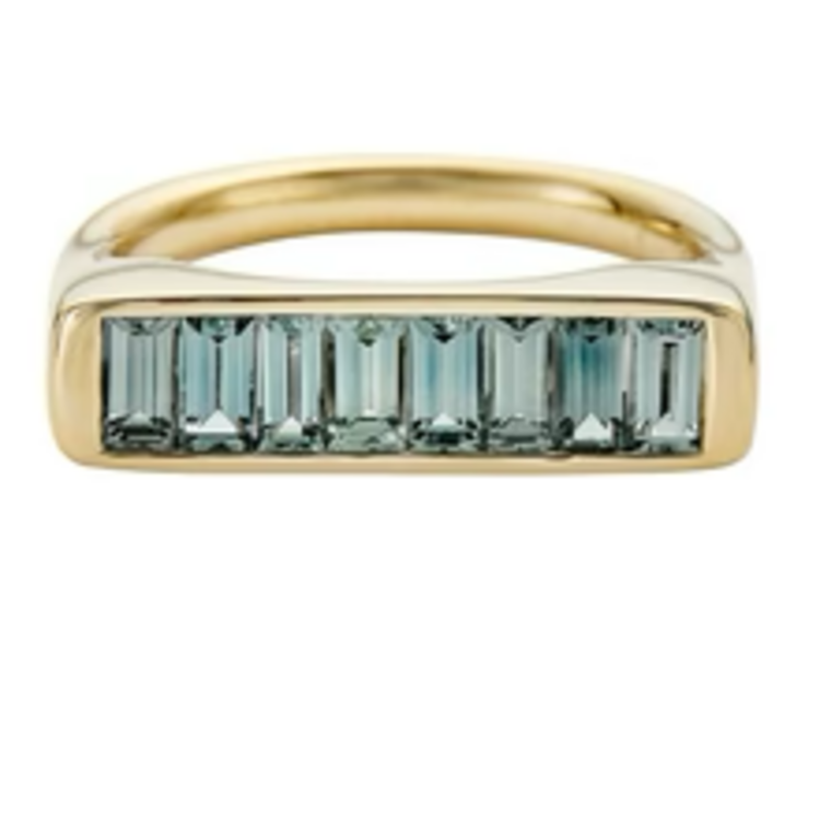 Artemer River Bank Statement Ring with Baguette Cut Teal Sapphires