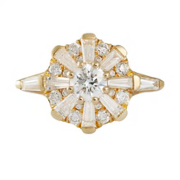 Artemer The Sun Temple Ring with Tapered Baguette Diamonds Halo