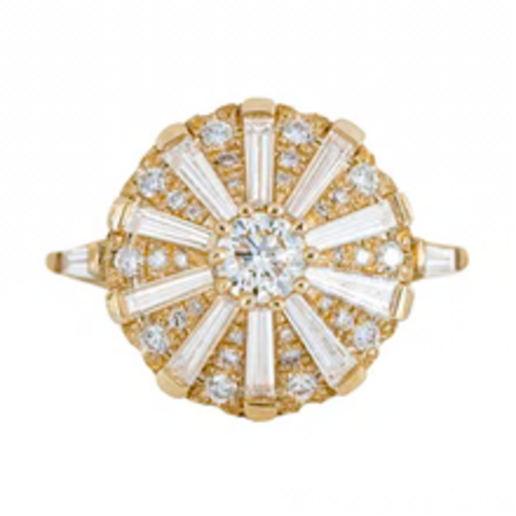 Artemer Round Engagement Ring with Long Tapered Baguette Diamonds The Sun Temple Ring