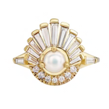 Artemer Diamond and Pearl Engagement Ring - Baguette Diamond Shell Ring