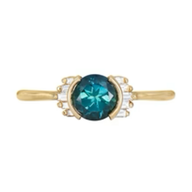 Artemer Teal Sapphire Ring with Baguette Diamond Wing
