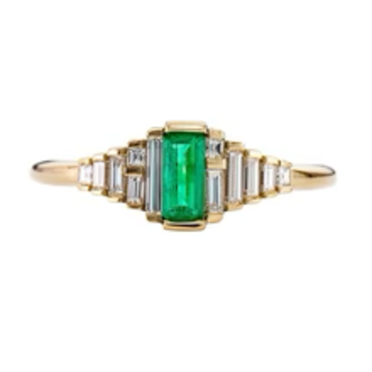 Artemer Dainty Emerald Engagement Ring with Needle Baguette Diamonds