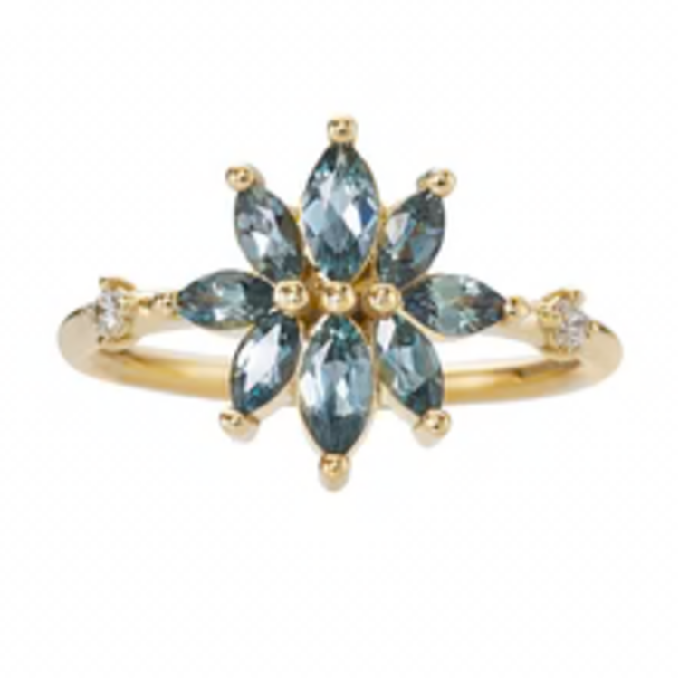 Artemer Bouquet Engagement Ring with Teal Sapphire and Diamond Petals