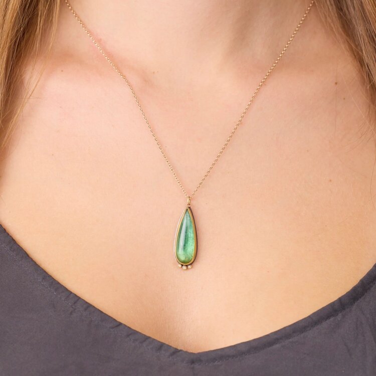 Ananda Khalsa Teardrop green tourmaline necklace, 22k bezel, 3 diamonds, 14k chain
