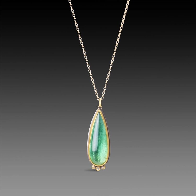 Ananda Khalsa Teardrop green tourmaline necklace, 22k bezel, 3 diamonds, 14k chain