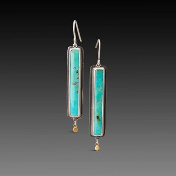 Ananda Khalsa Kingman turquoise bar earring, SS bezel, 22k drops