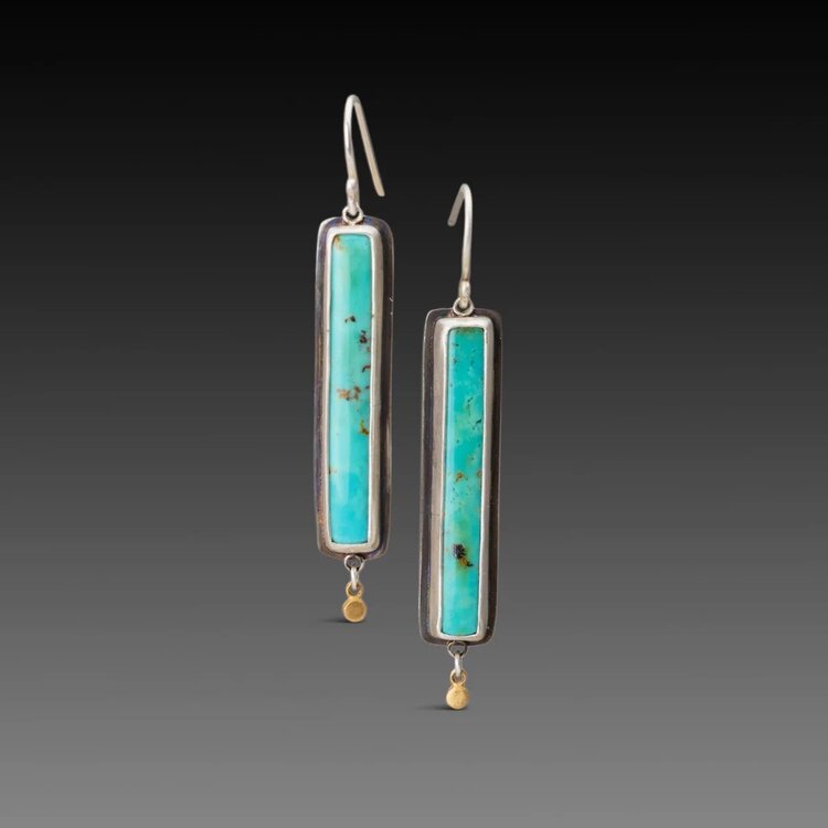 Ananda Khalsa Kingman turquoise bar earring, SS bezel, 22k drops