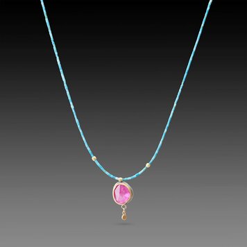Ananda Khalsa Beaded green turquoise necklace, rose cut rhodolite garnet pendant, 22k bezel