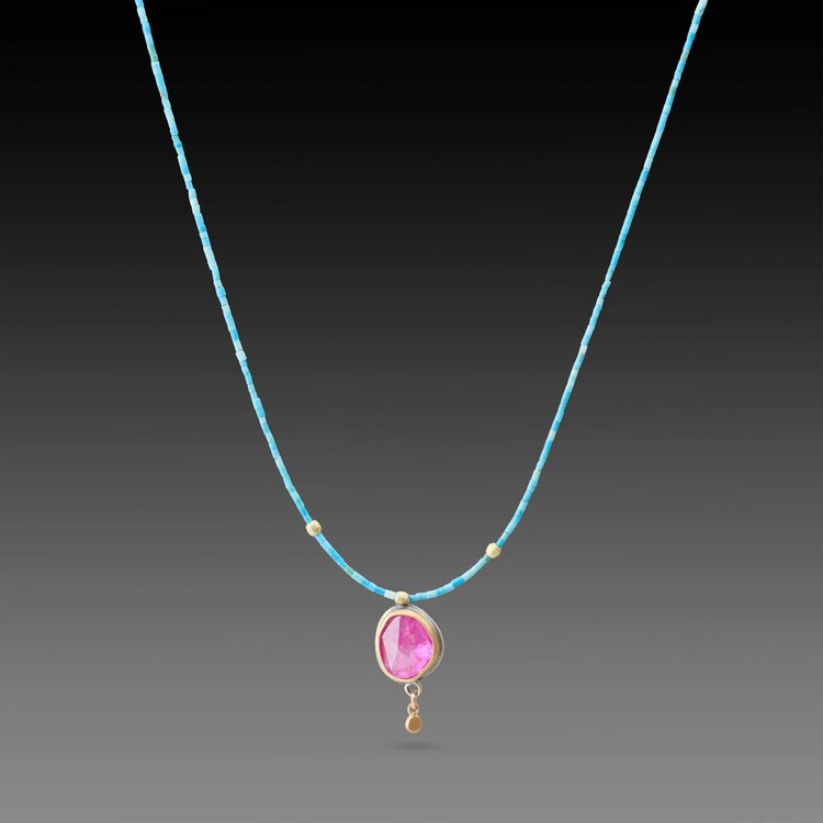 Ananda Khalsa Beaded green turquoise necklace, rose cut rhodolite garnet pendant, 22k bezel