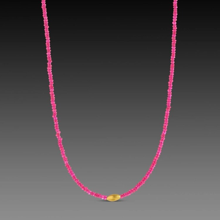 Ananda Khalsa Beaded ruby necklace, 20k rice bead