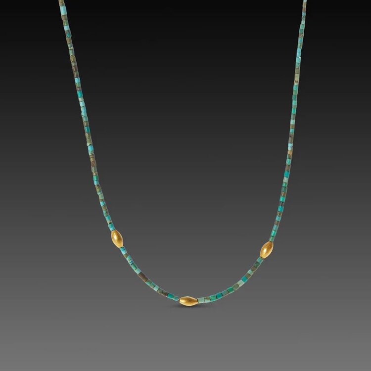 Ananda Khalsa Beaded ombre turquoise necklace, three 20k rice beads