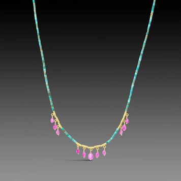 Ananda Khalsa Beaded green turquoise necklace, 20k beads, three sections of ruby fringe