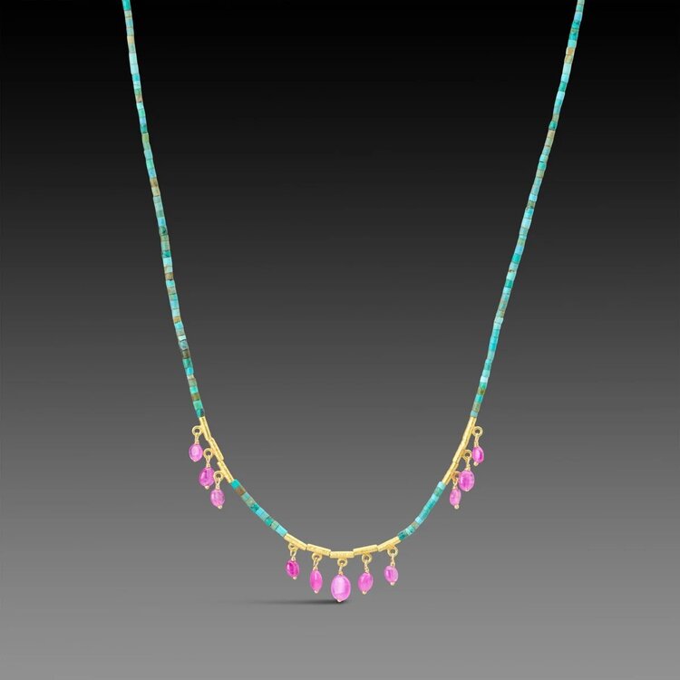 Ananda Khalsa Beaded green turquoise necklace, 20k beads, three sections of ruby fringe