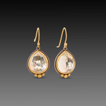 Ananda Khalsa Rosecut White Topaz Teardrop Earring 22K Bezel And Disk Drop