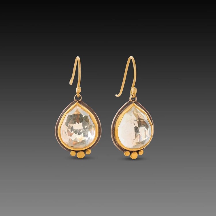Ananda Khalsa Rosecut White Topaz Teardrop Earring 22K Bezel And Disk Drop