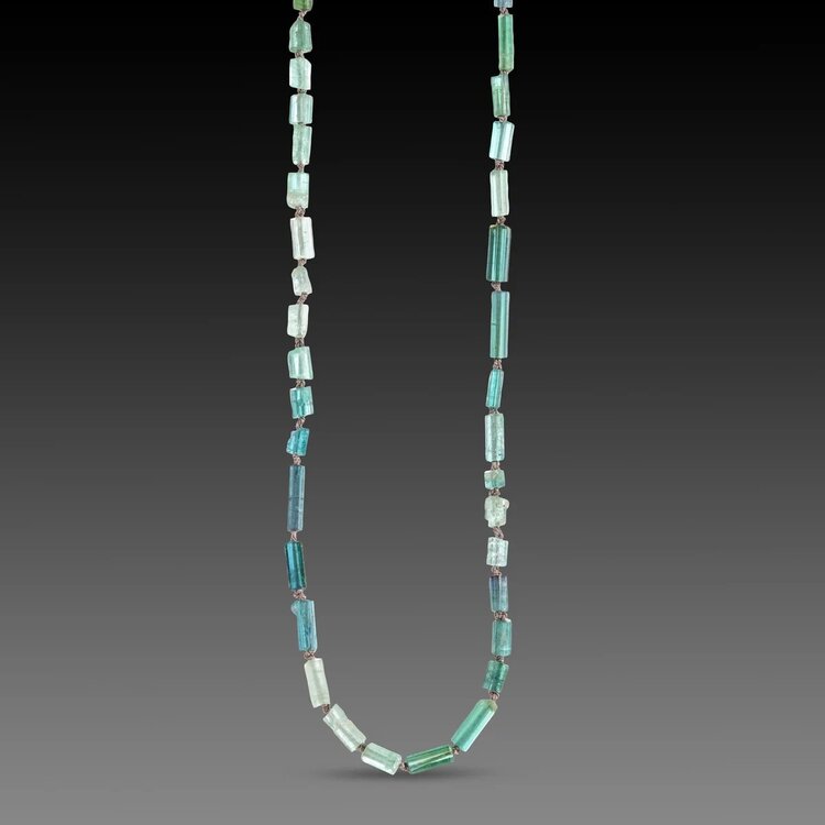 Ananda Khalsa Beaded long blue-green tourmaline crystal necklace, 18k links, 22k charm