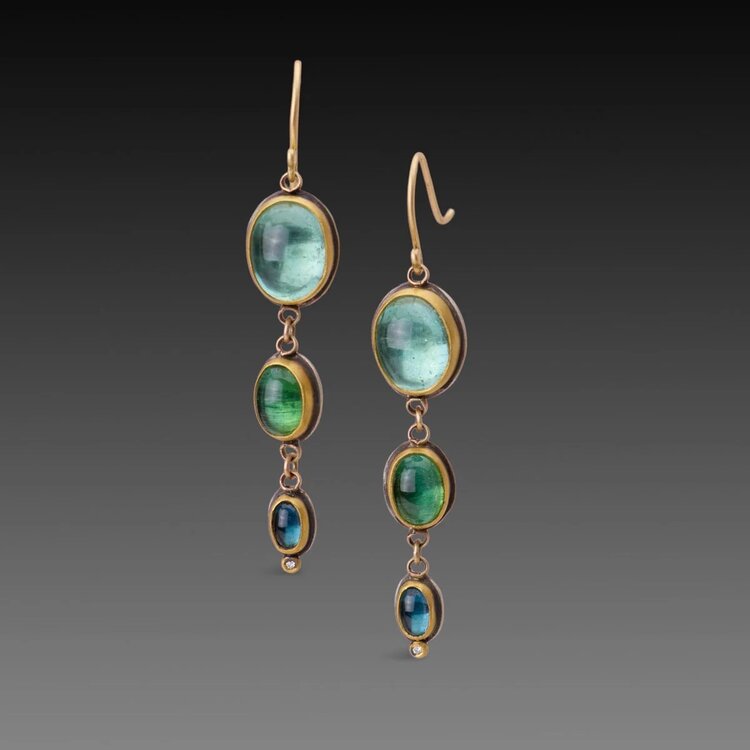 Ananda Khalsa 3 Stone Drop Green Tourmaline Cabochon Earring, 22k Bezel, 18K Earwire