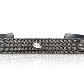 925SUNEERA Alexa Petite Cuff w/ Black Rhodium Finish Textured Sterling Silver w/ Single Teardrop Diamond