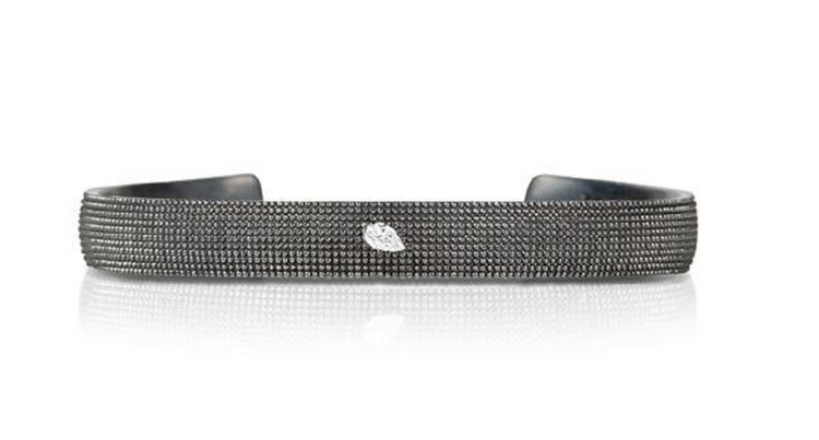 925SUNEERA Alexa Petite Cuff w/ Black Rhodium Finish Textured Sterling Silver w/ Single Teardrop Diamond