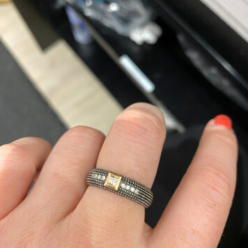 925SUNEERA Nan Band Black Rhodium Finish Texture Sterling Silver w/ Princess Cut White Diamonds and 14K RG Bezel