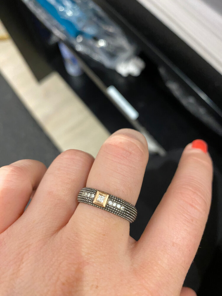 925SUNEERA Nan Band Black Rhodium Finish Texture Sterling Silver w/ Princess Cut White Diamonds and 14K RG Bezel