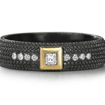 925SUNEERA Nan Band Black Rhodium Finish Texture Sterling Silver w/ Princess Cut White Diamond in 14K RG Bezel