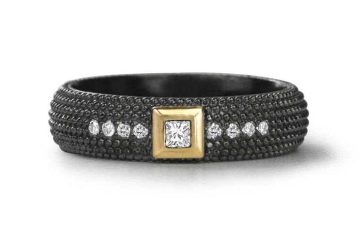 925SUNEERA Nan Band Black Rhodium Finish Texture Sterling Silver w/ Princess Cut White Diamonds and 14K RG Bezel
