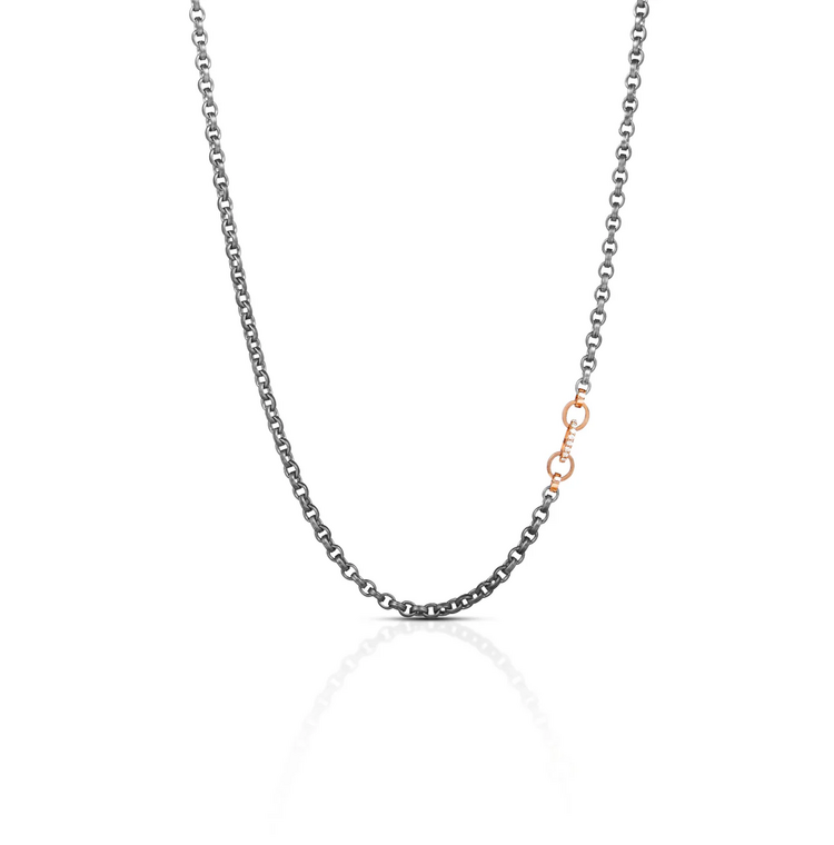 925SUNEERA Bella Black Rhodium Rolo Chain with Graduated Rose Gold and Diamond Station Link 18"