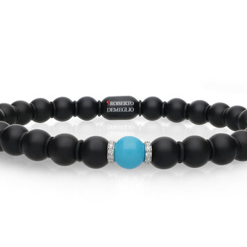 Demeglio Sphere Large Bracelet in Satin Black Ceramic with Ceramic Interlayers and Turquoise Sphere